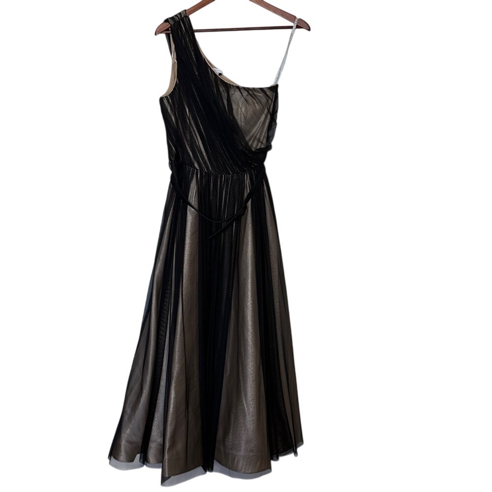 Kay Unger One Shoulder Tulle Midi Dress Black Gold Metallic Formal Cocktail Sz 6 - Picture 3 of 6